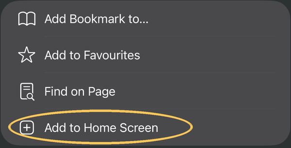 Share sheet list with Add to Home Screen ringed