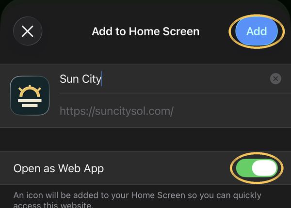Add to Home Screen dialog with Add and Open as Web App ringed